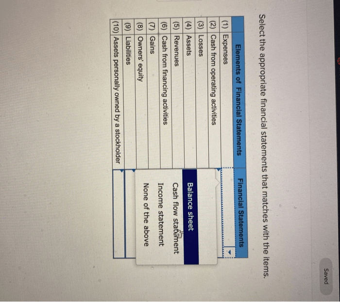 Select the appropriate financial statements that matches with the items.